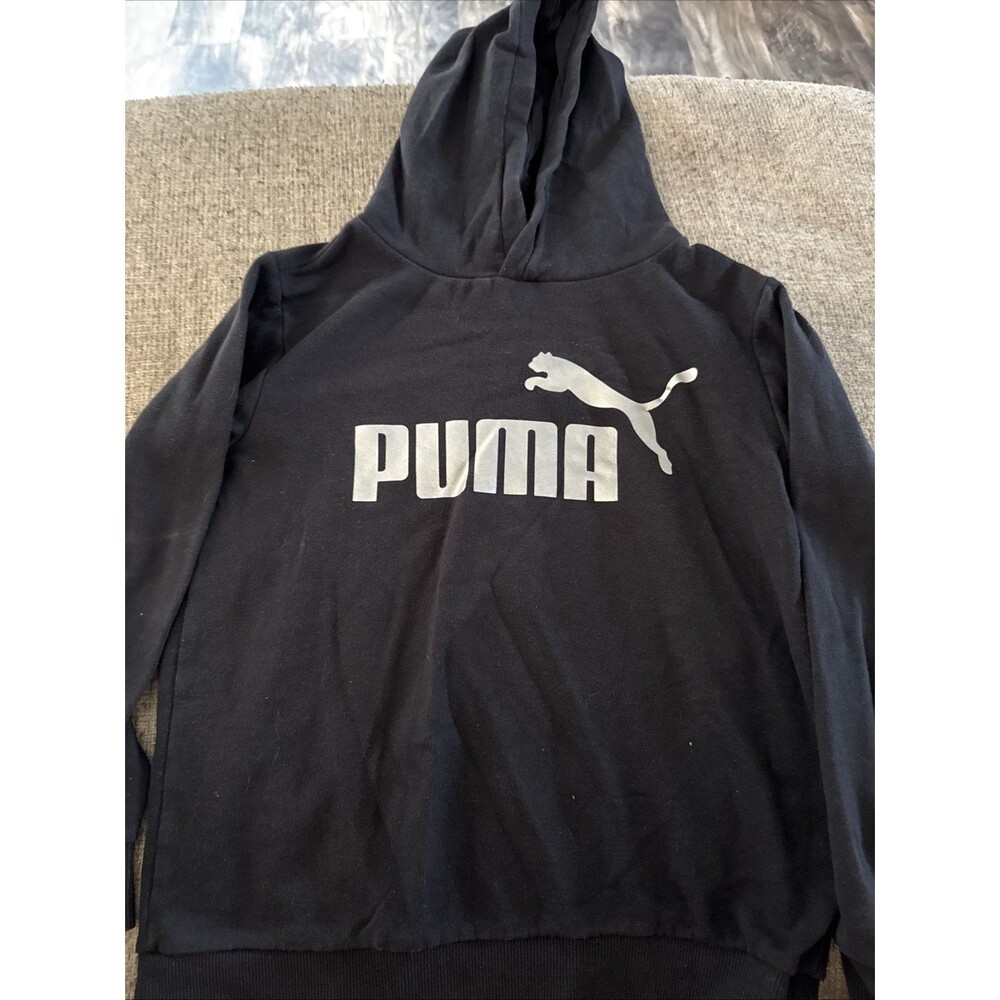 Puma Youth Hoodie Sweatshirt Black Silver Hood Kangaroo Pocket Size M (10/12)